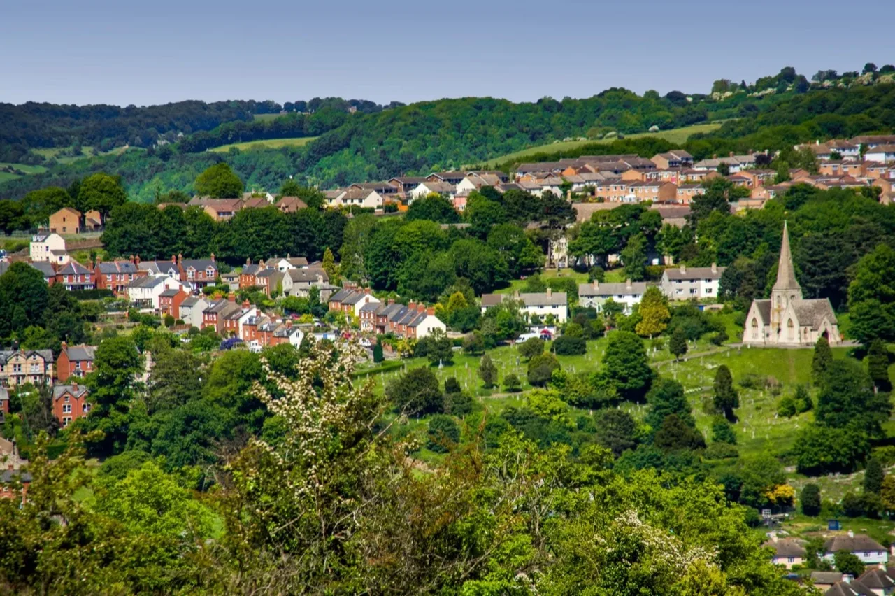 Aerial view of a UK town and countryside
